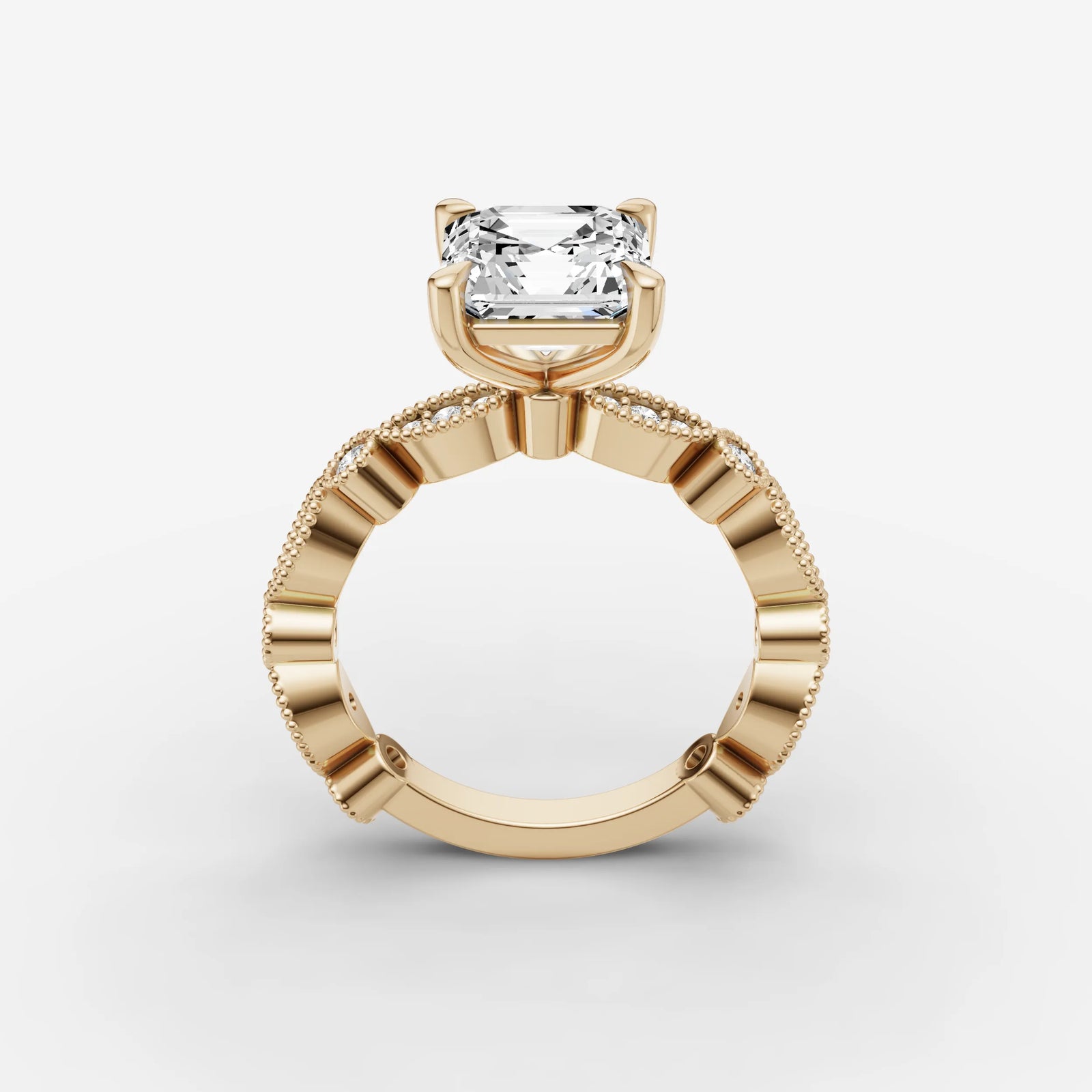 Heritage asscher diamond setting in gold, side view