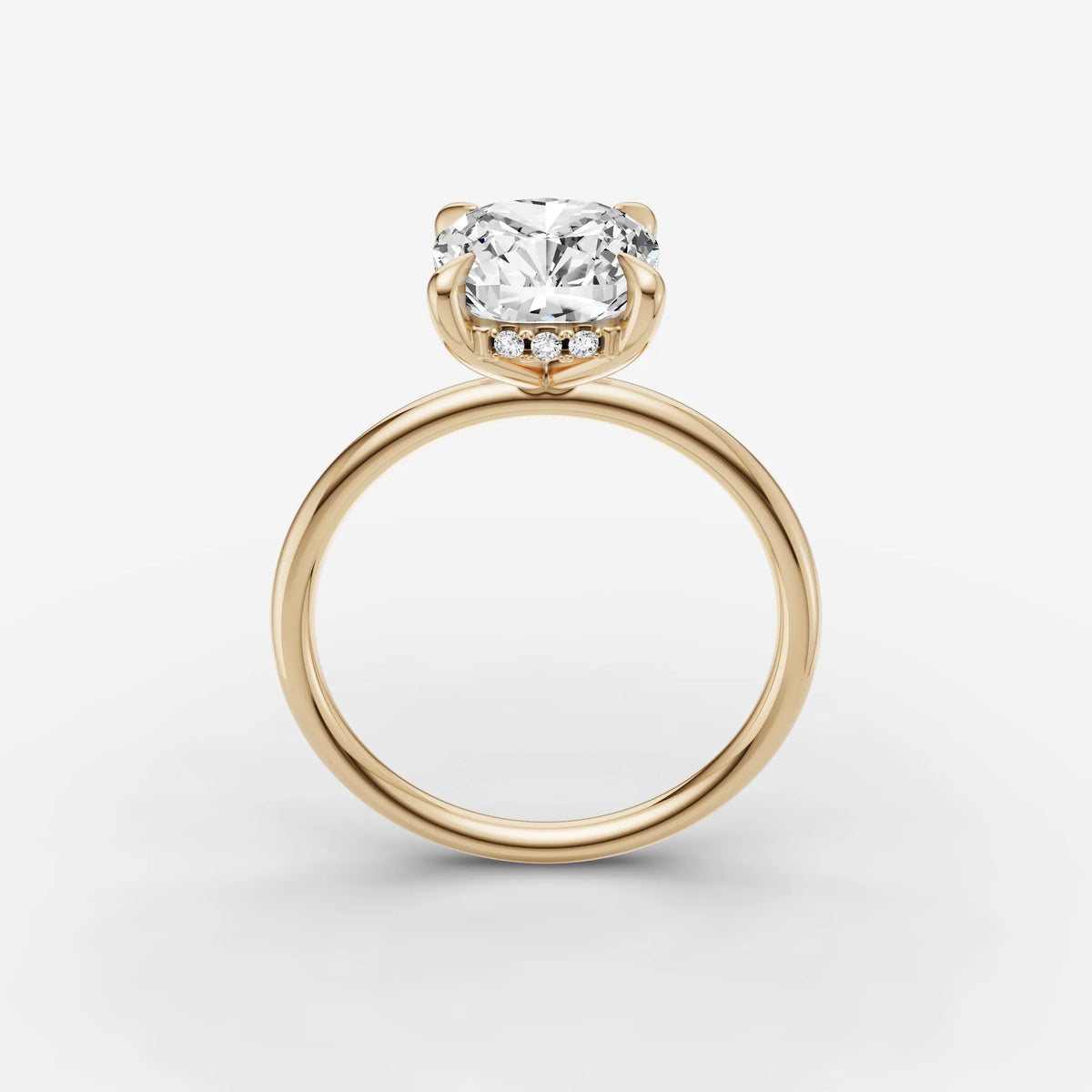 Mystere cushion diamond setting in gold, side view