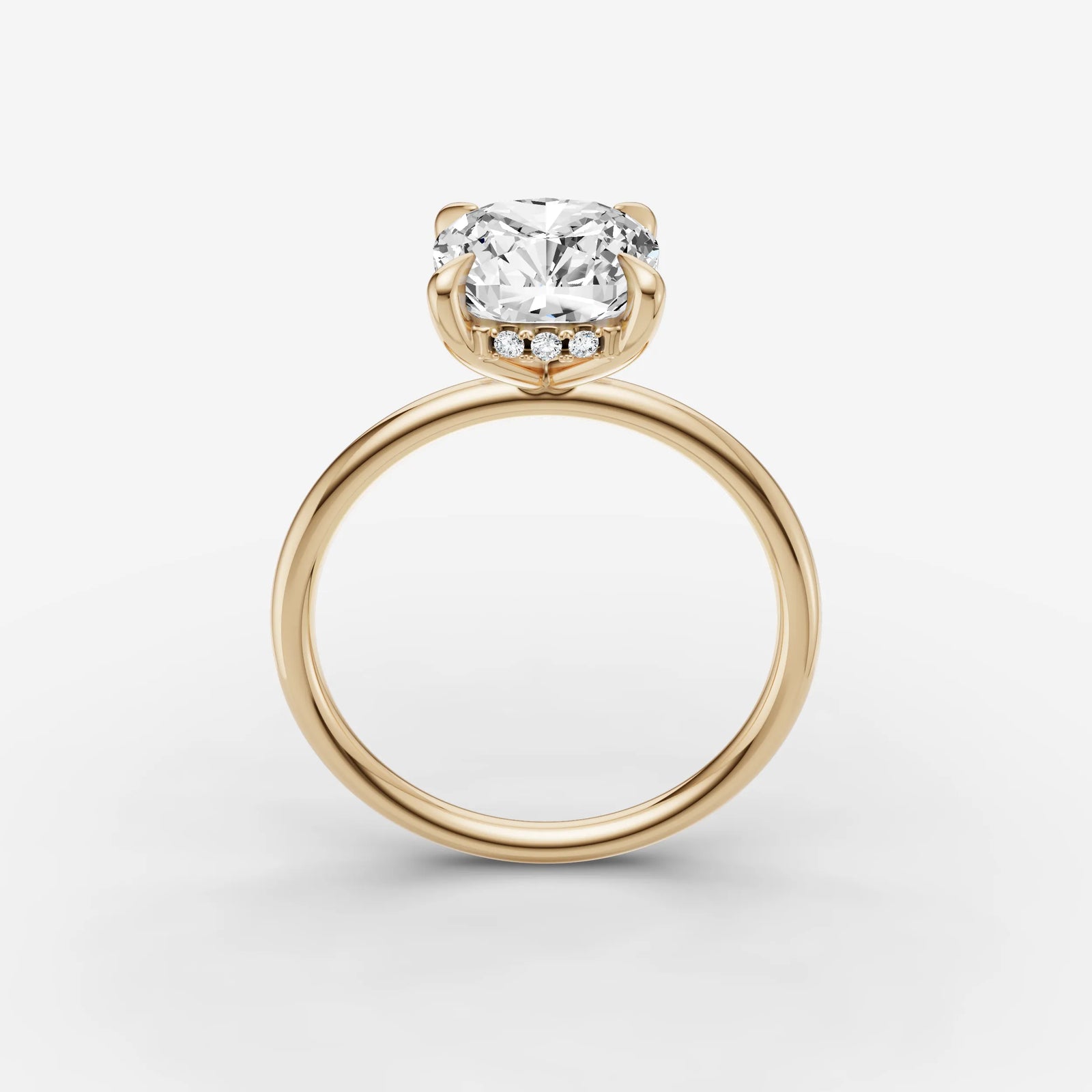 Mystere cushion diamond setting in gold, side view