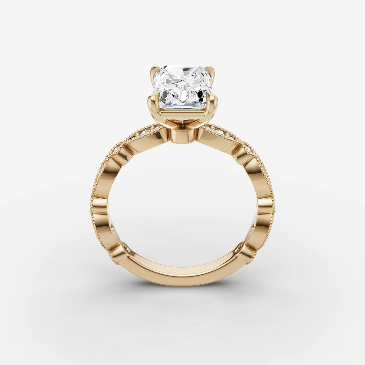 Heritage radiant diamond setting in gold, side view