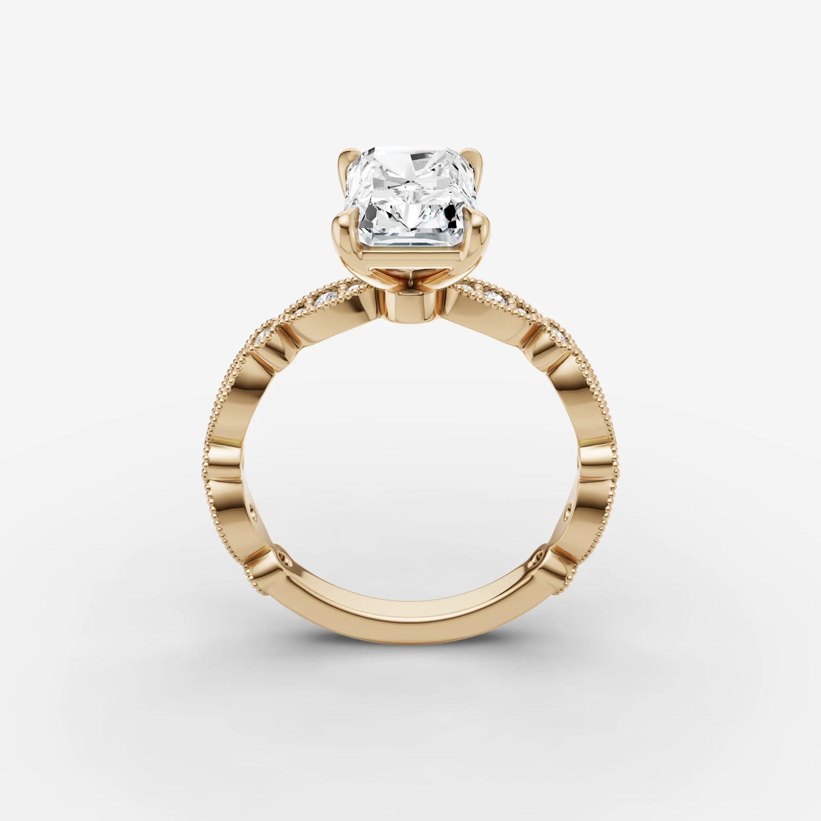 Heritage radiant diamond setting in gold, side view