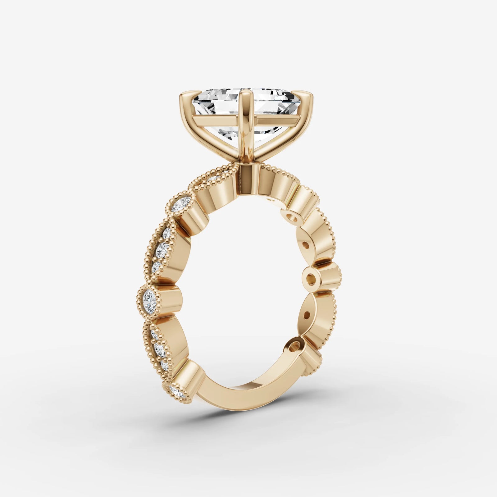 Heritage asscher diamond setting in gold, detail view