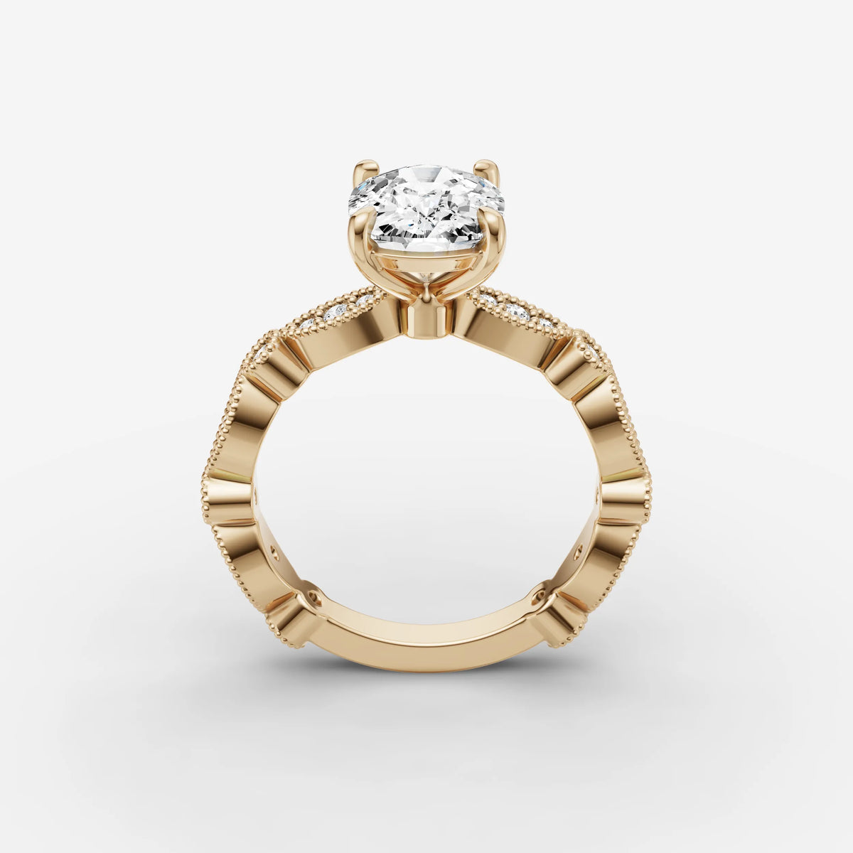 Heritage elongated cushion diamond setting in gold, side view