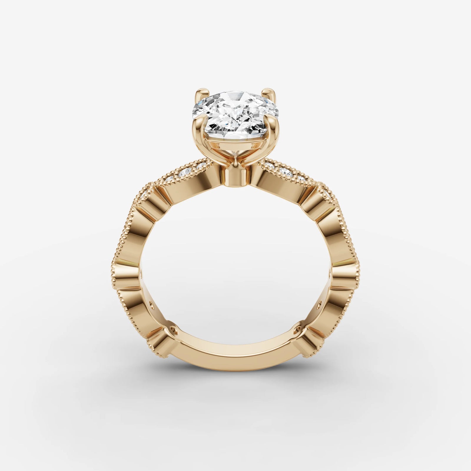 Heritage elongated cushion diamond setting in gold, side view