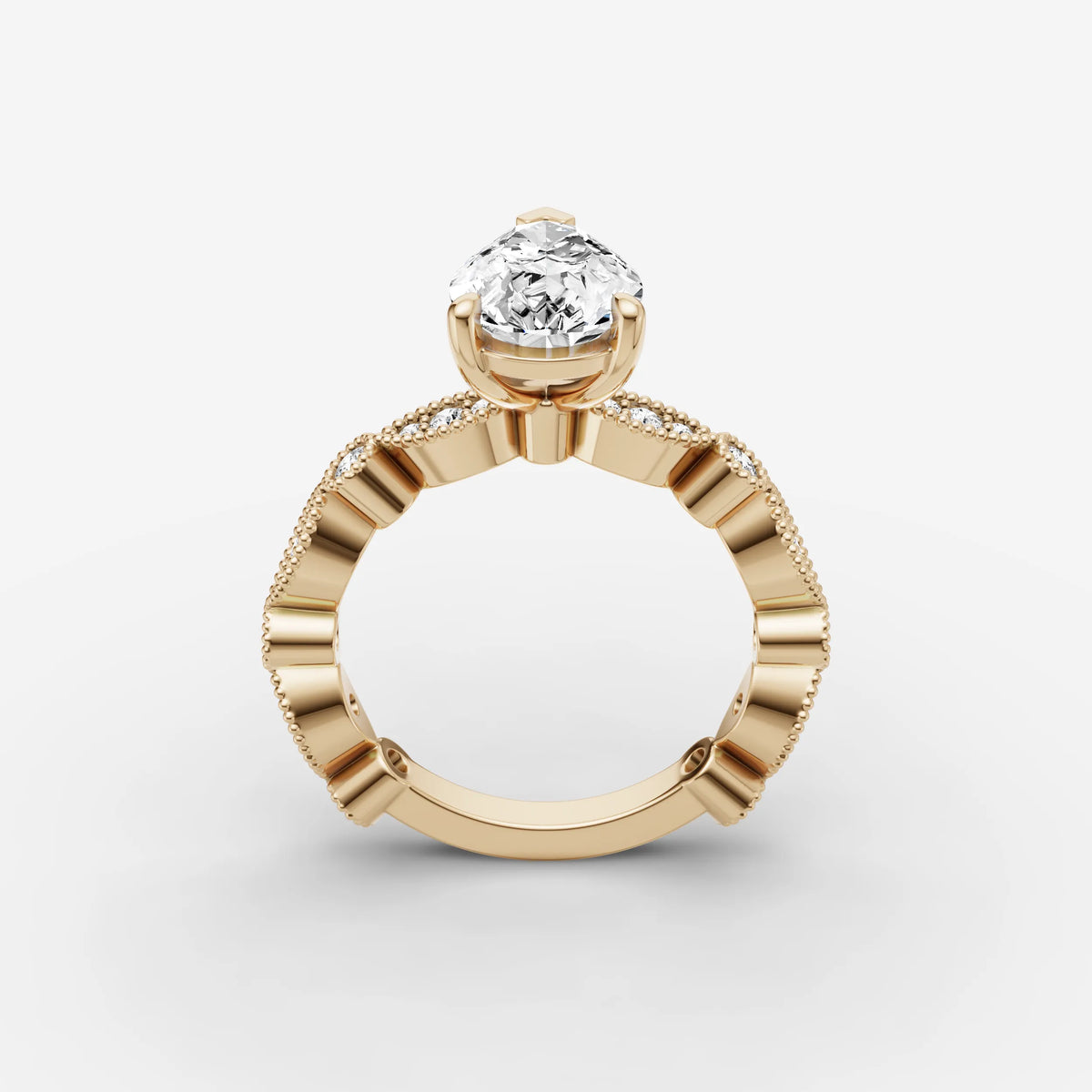 Heritage pear diamond setting in gold, side view
