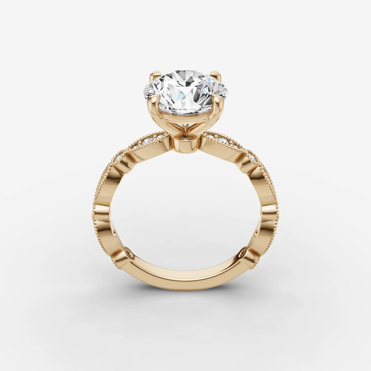 Heritage round diamond setting in gold, side view