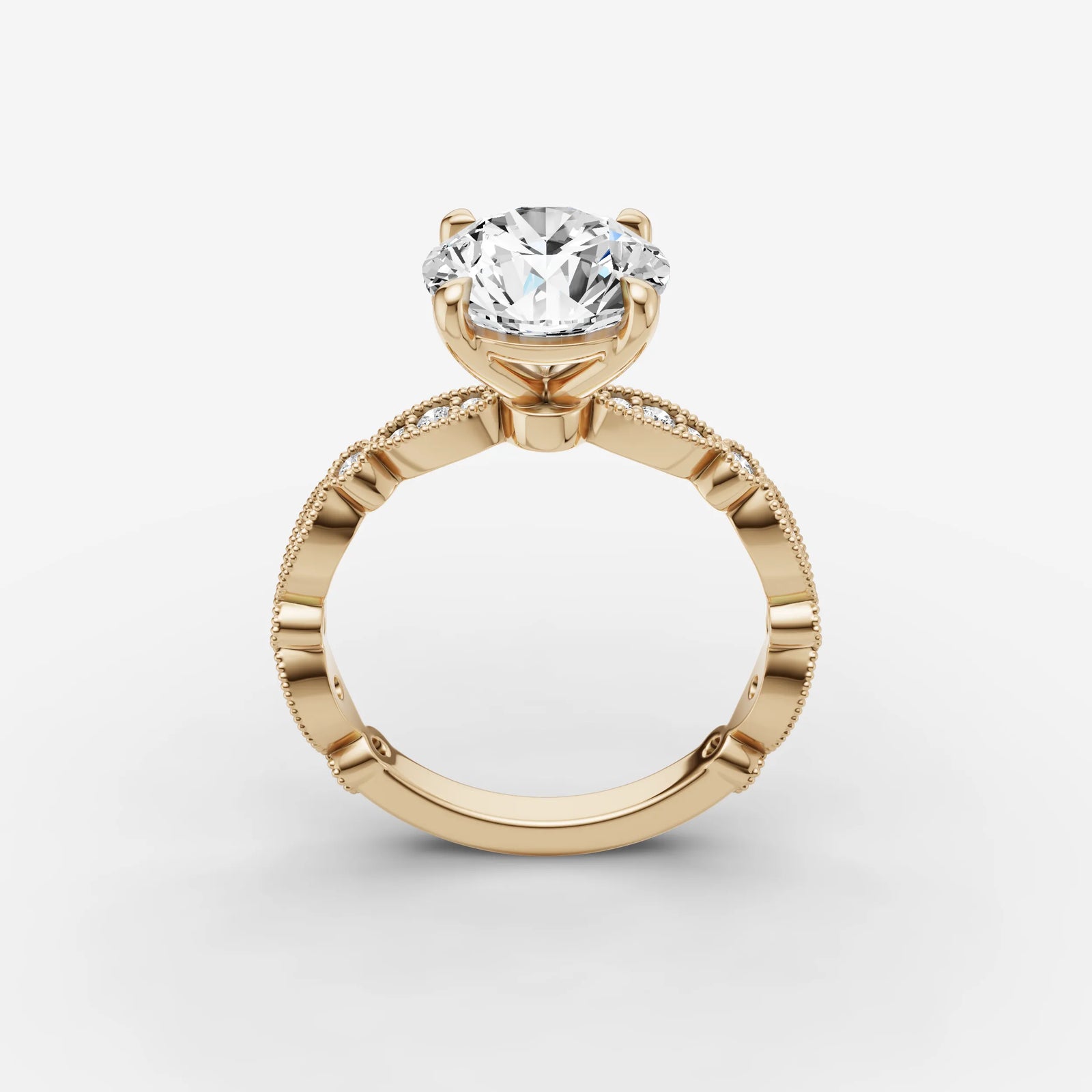 Heritage round diamond setting in gold, side view