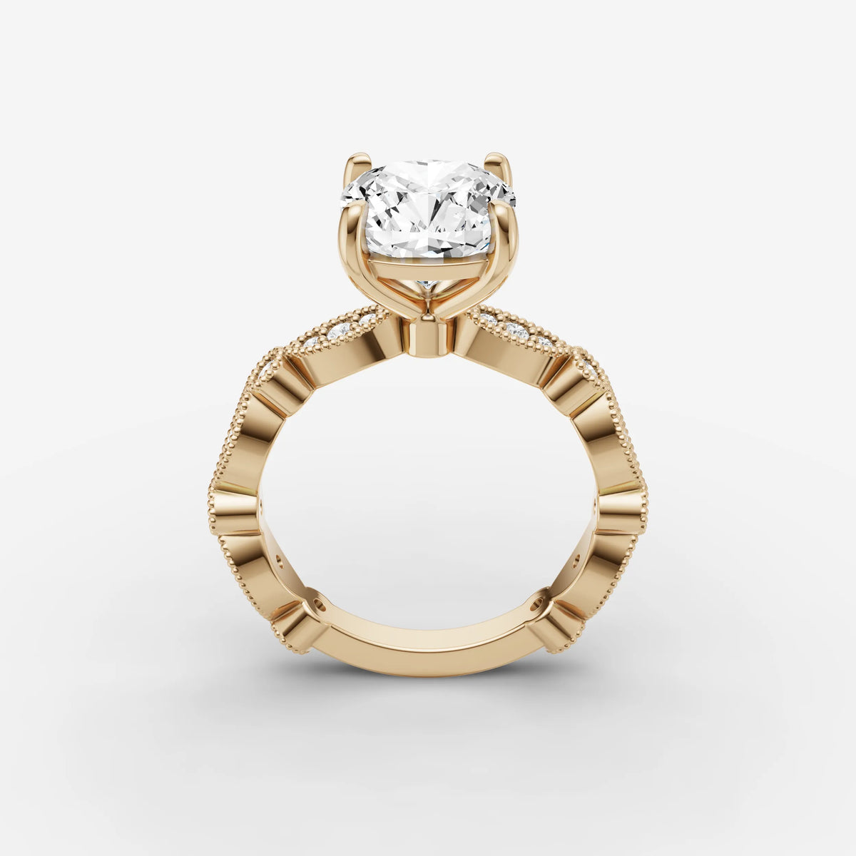 Heritage cushion diamond setting in gold, side view