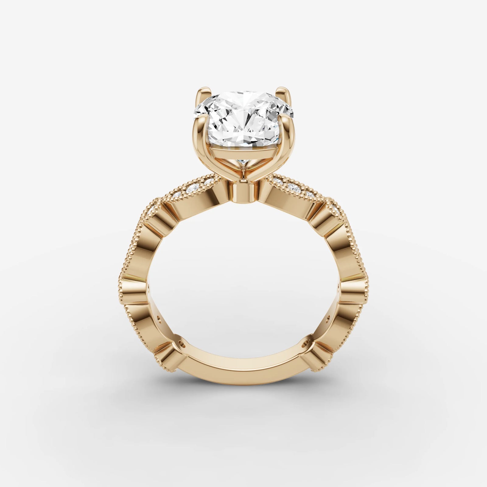 Heritage cushion diamond setting in gold, side view