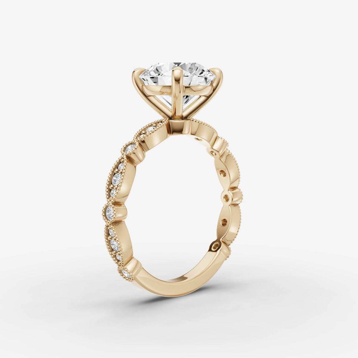 Heritage round diamond setting in gold, detail view