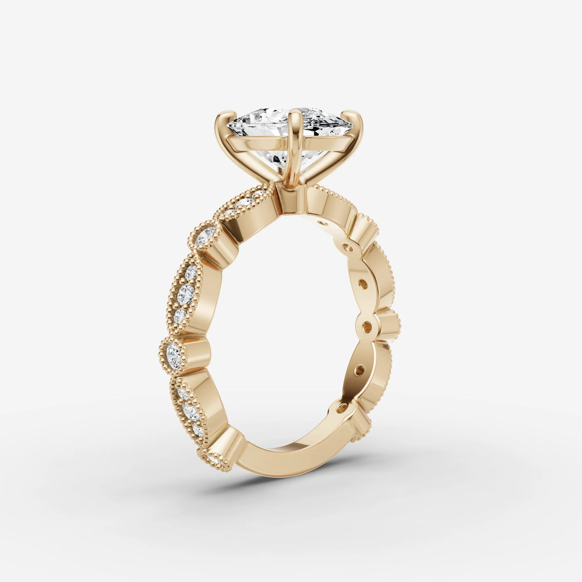 Heritage elongated cushion diamond setting in gold, detail view