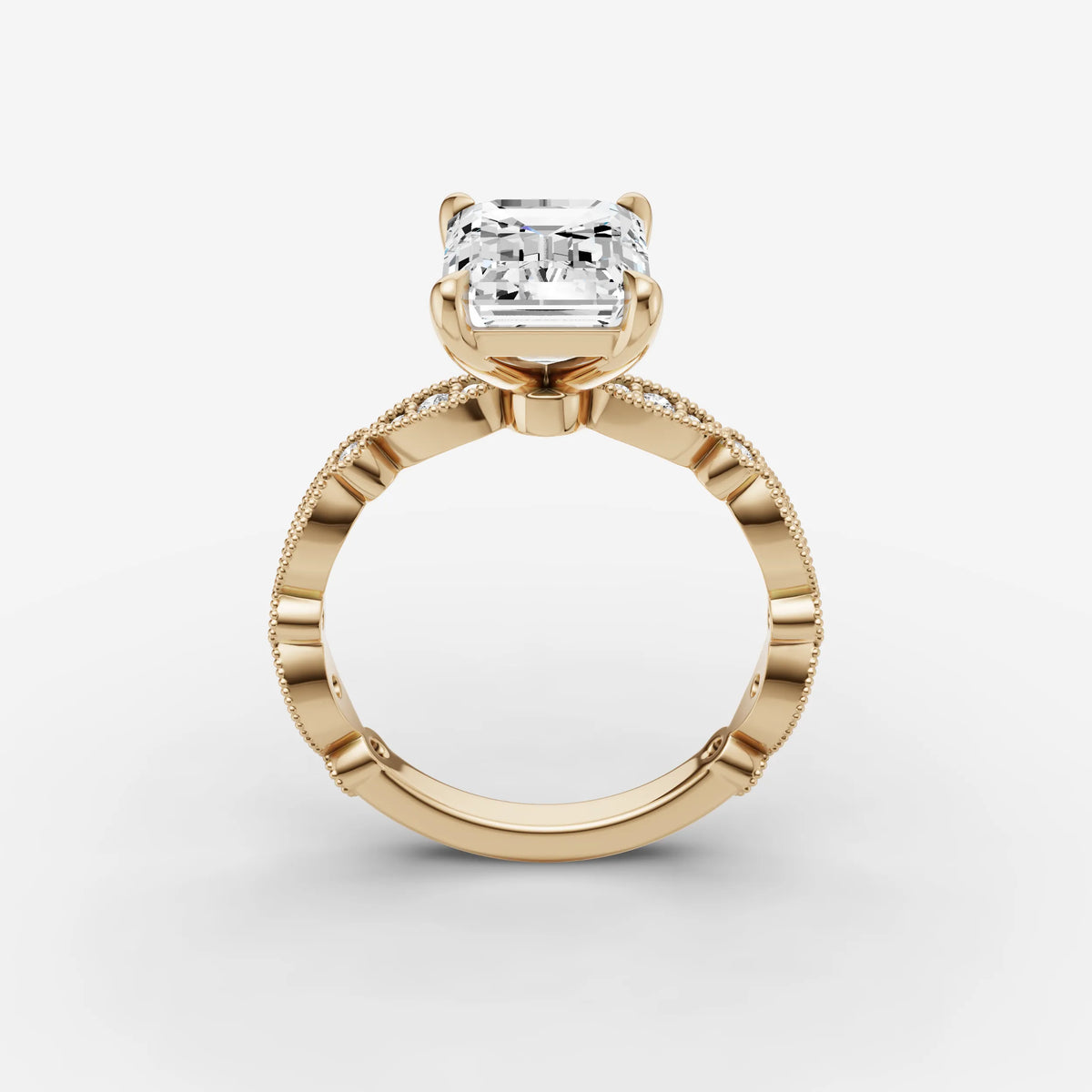 Heritage emerald diamond setting in gold, side view