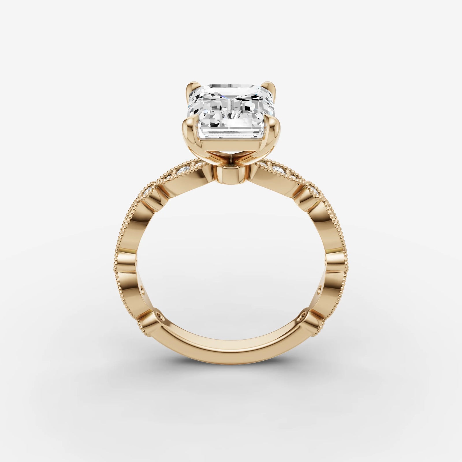 Heritage emerald diamond setting in gold, side view