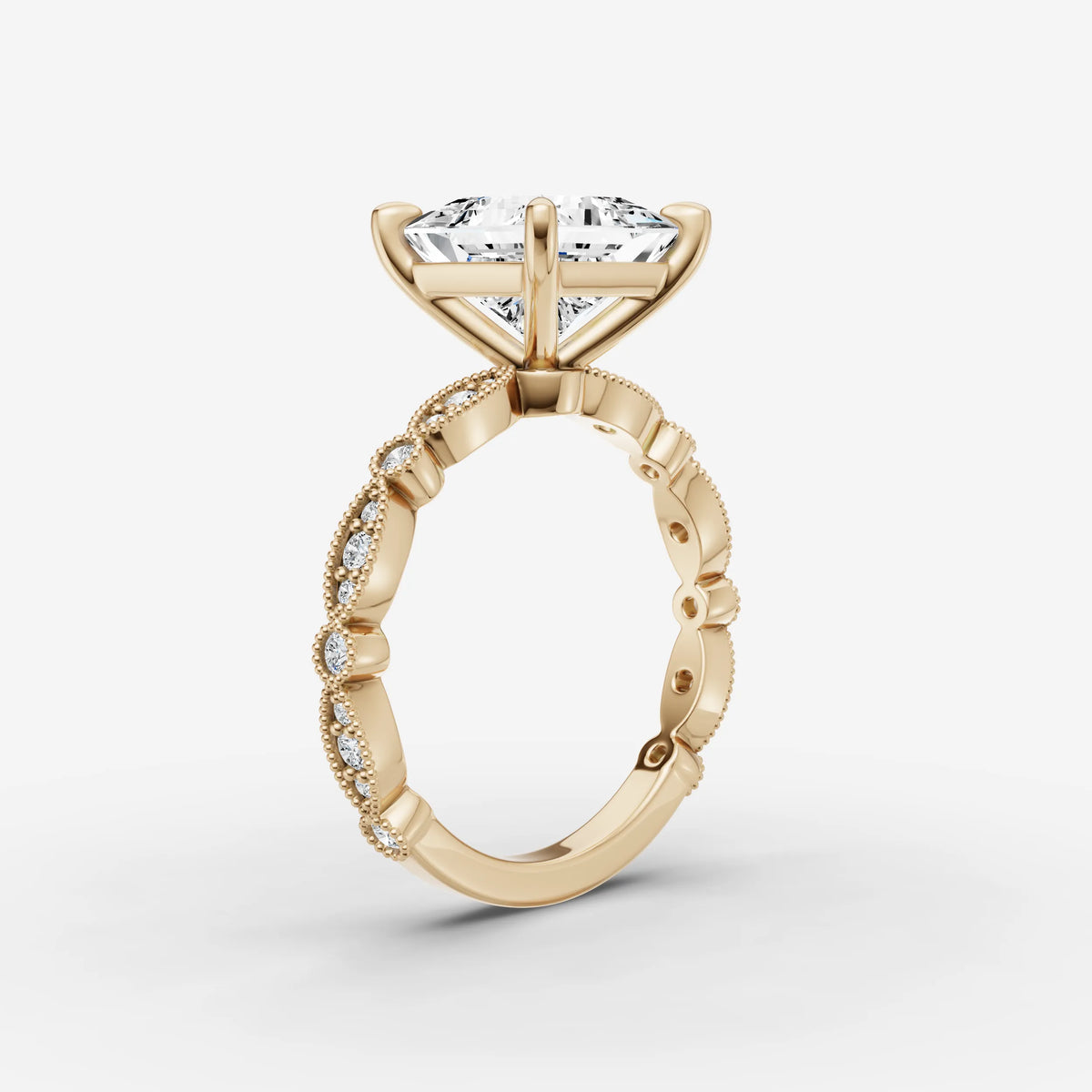 Heritage princess diamond setting in gold, detail view