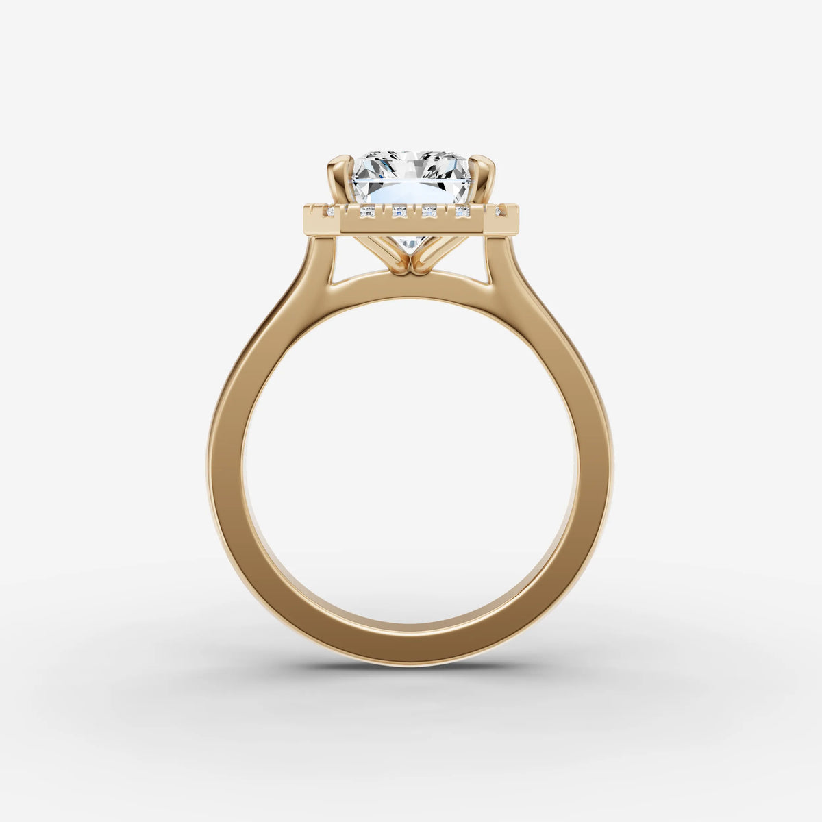 Aurore radiant diamond setting in gold, profile angle