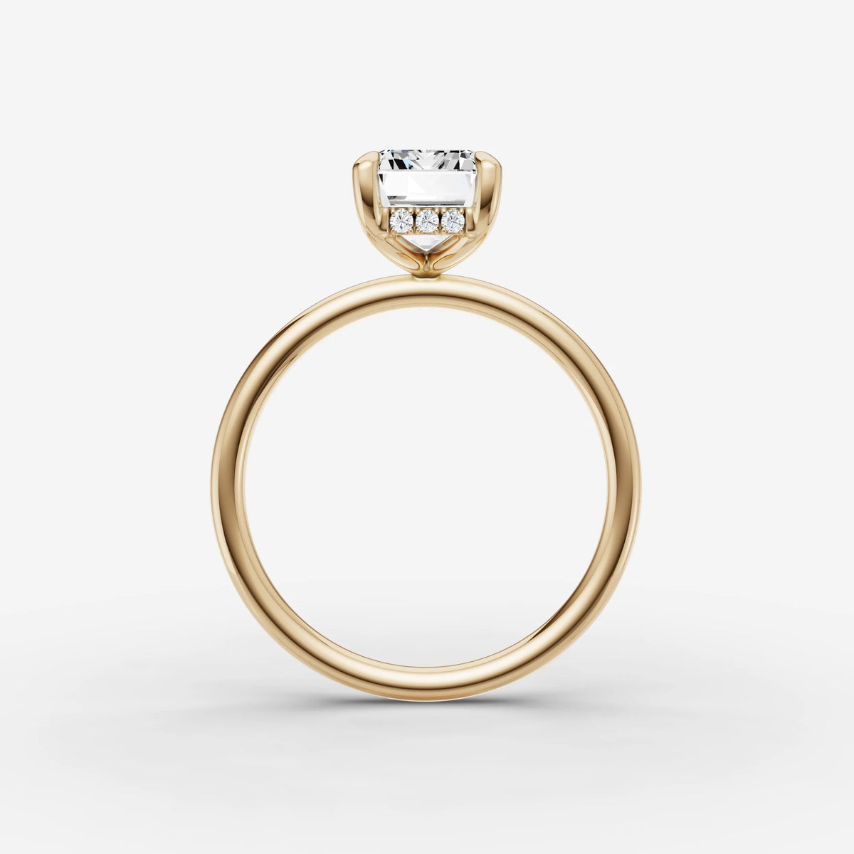 Mystere emerald diamond setting in gold, profile angle