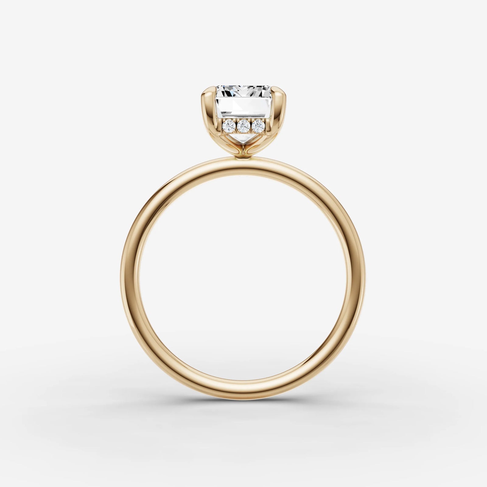 Mystere emerald diamond setting in gold, profile angle
