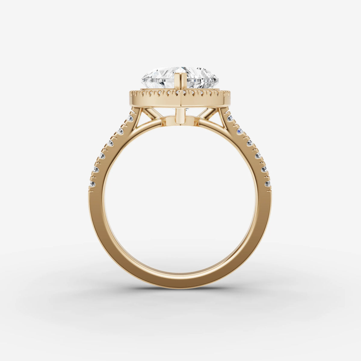 Cathedrale heart diamond setting in gold, profile angle