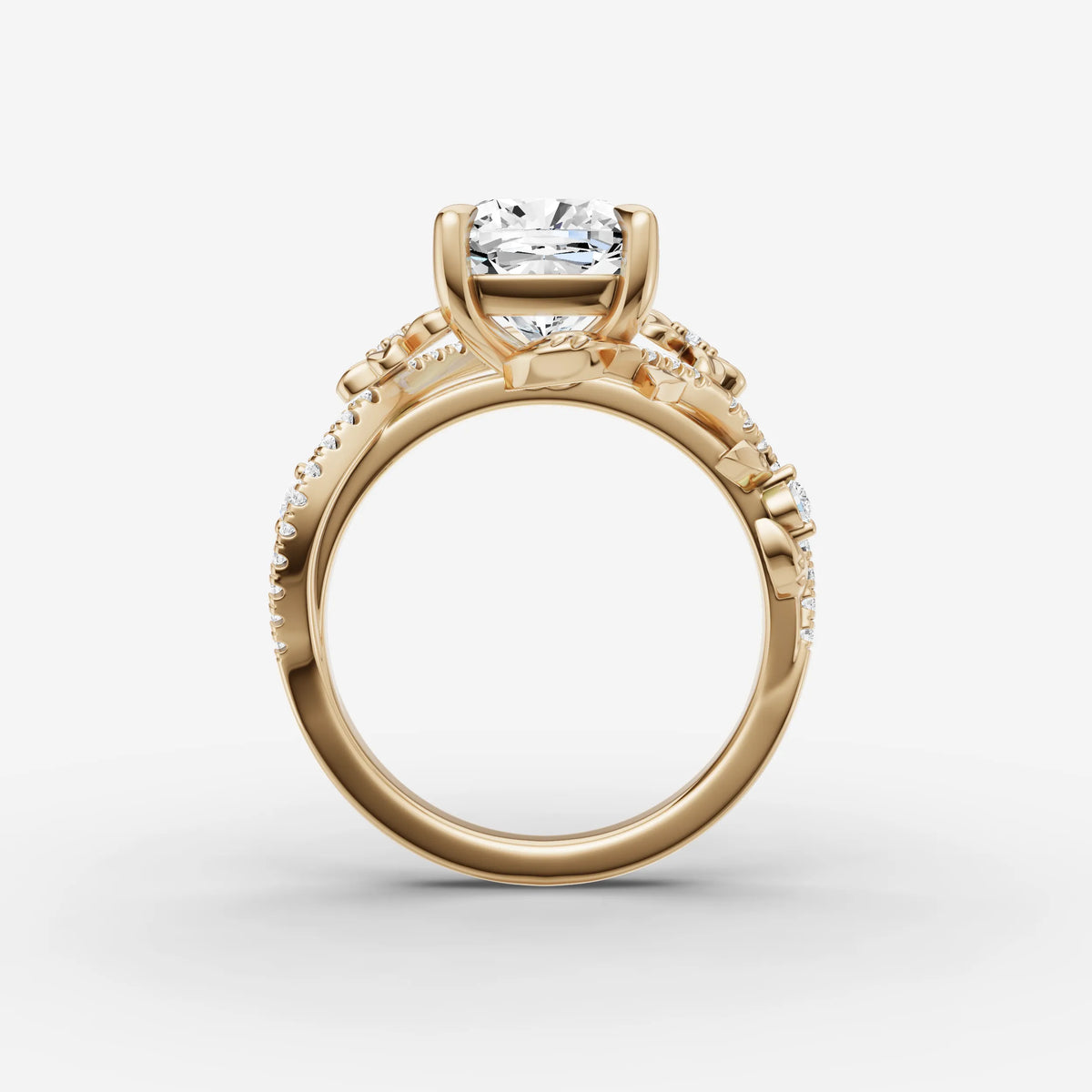 Fleur cushion diamond setting in gold, profile angle
