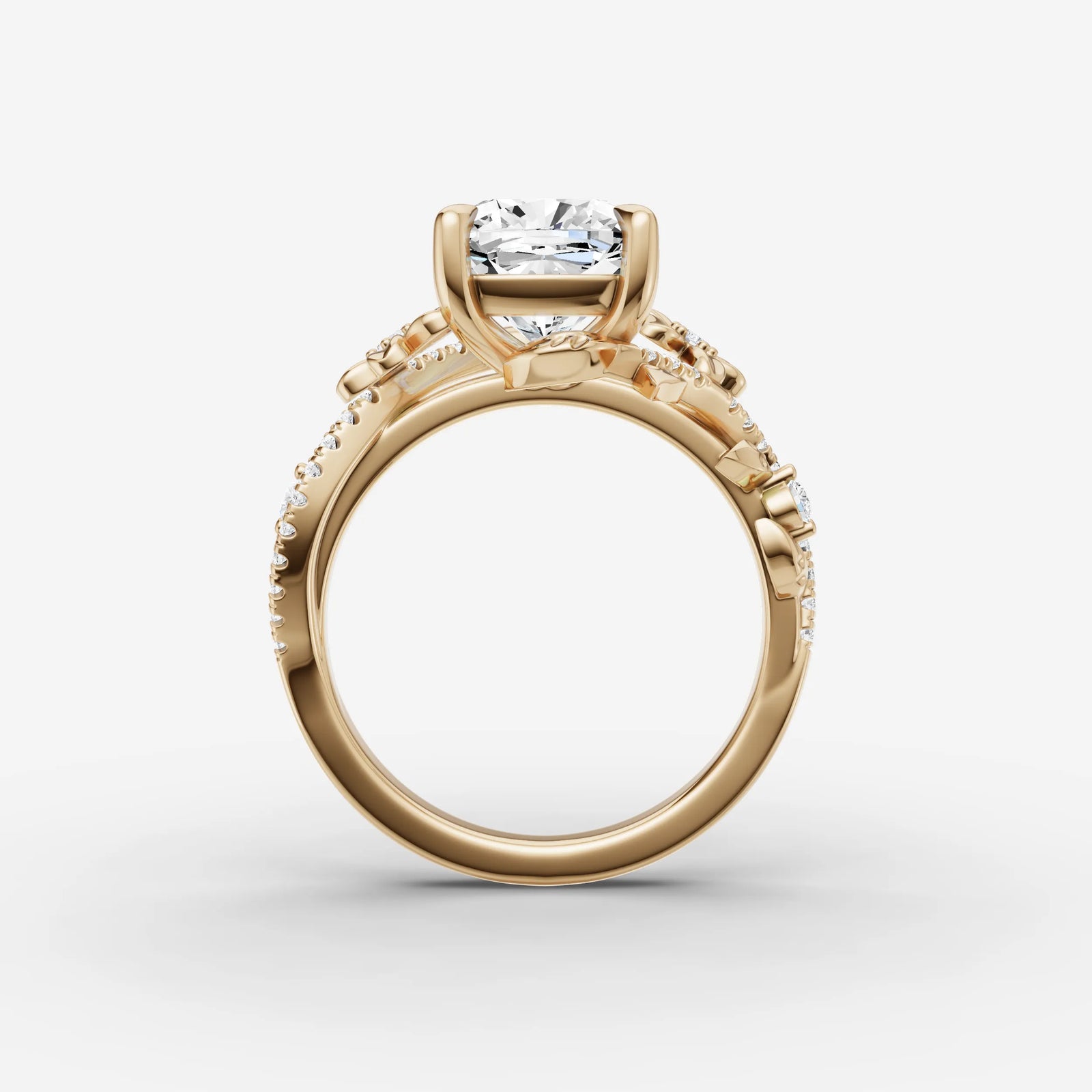 Fleur cushion diamond setting in gold, profile angle