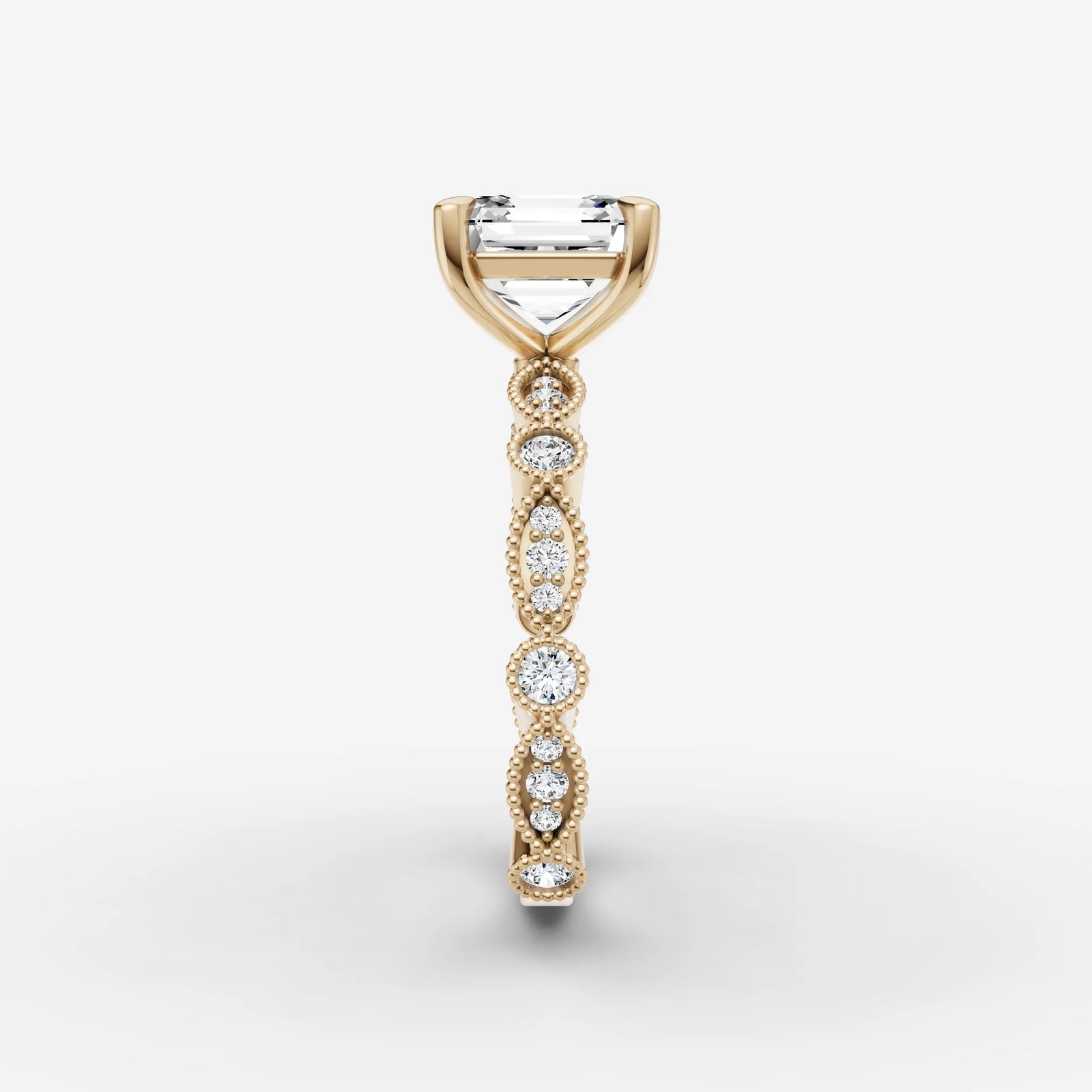 Heritage asscher diamond setting in gold, angled view