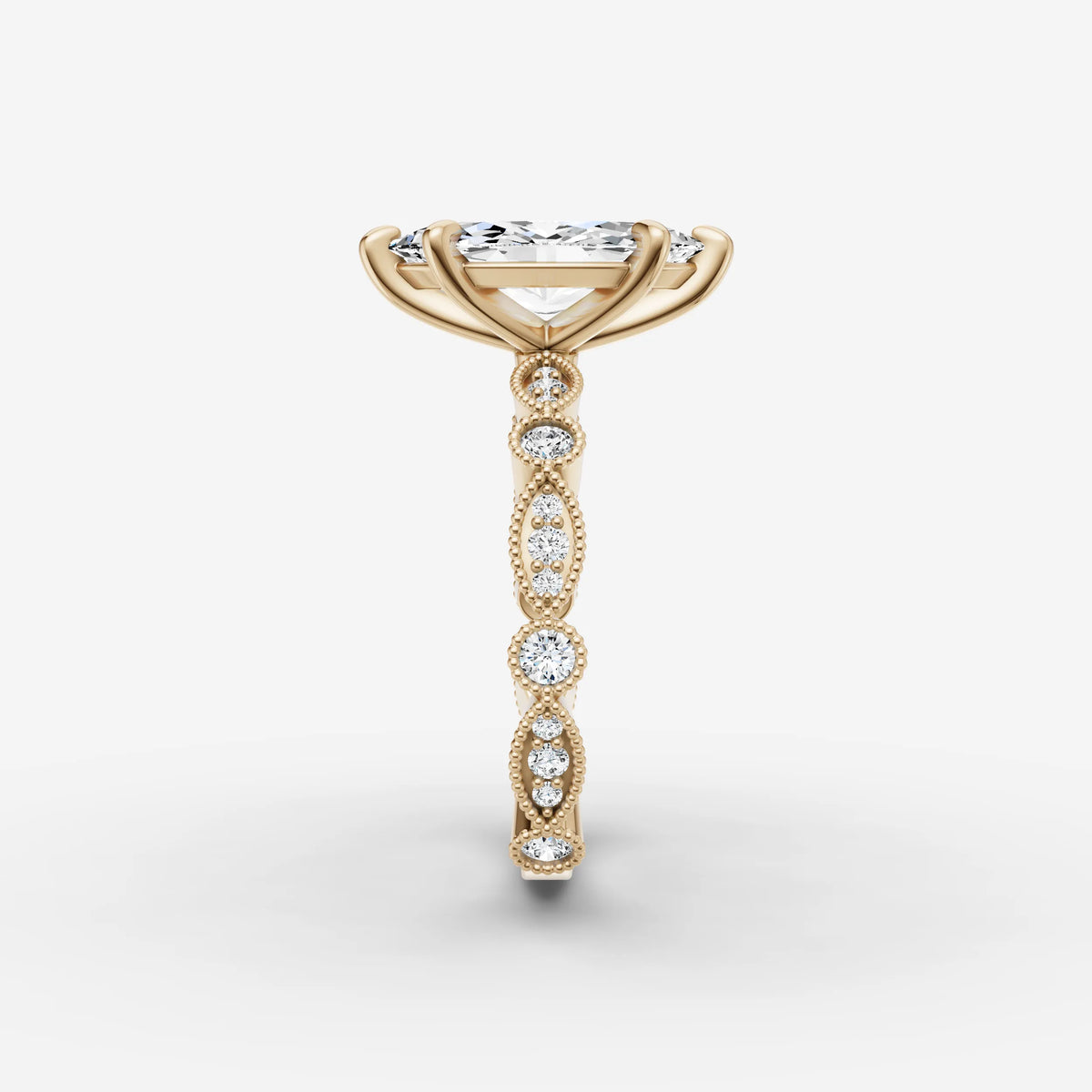 Heritage marquise diamond setting in gold, angled view
