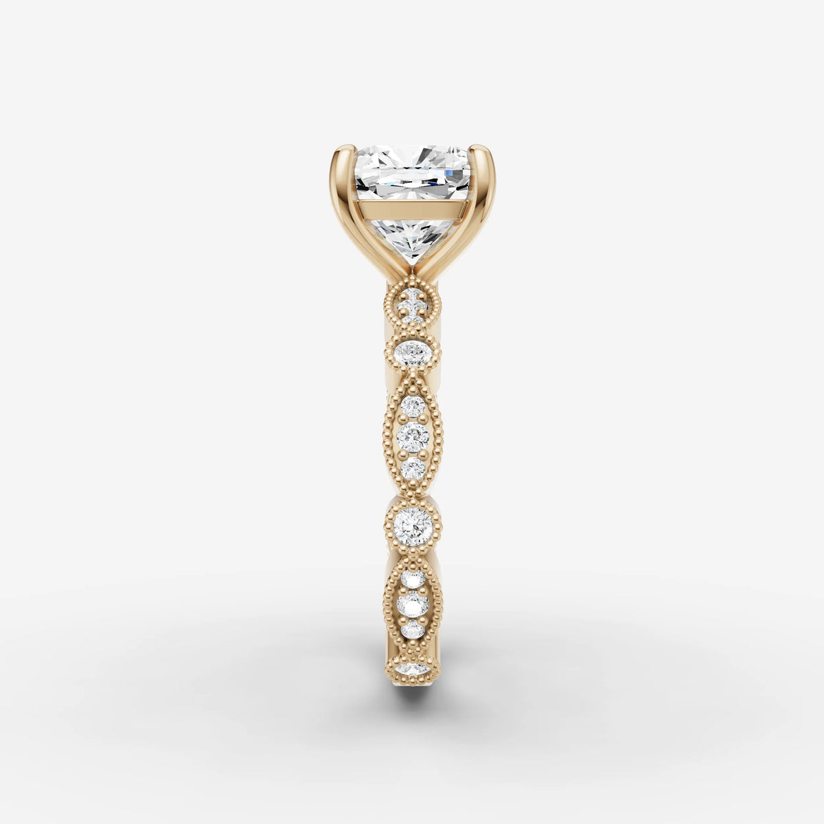 Heritage cushion diamond setting in gold, angled view