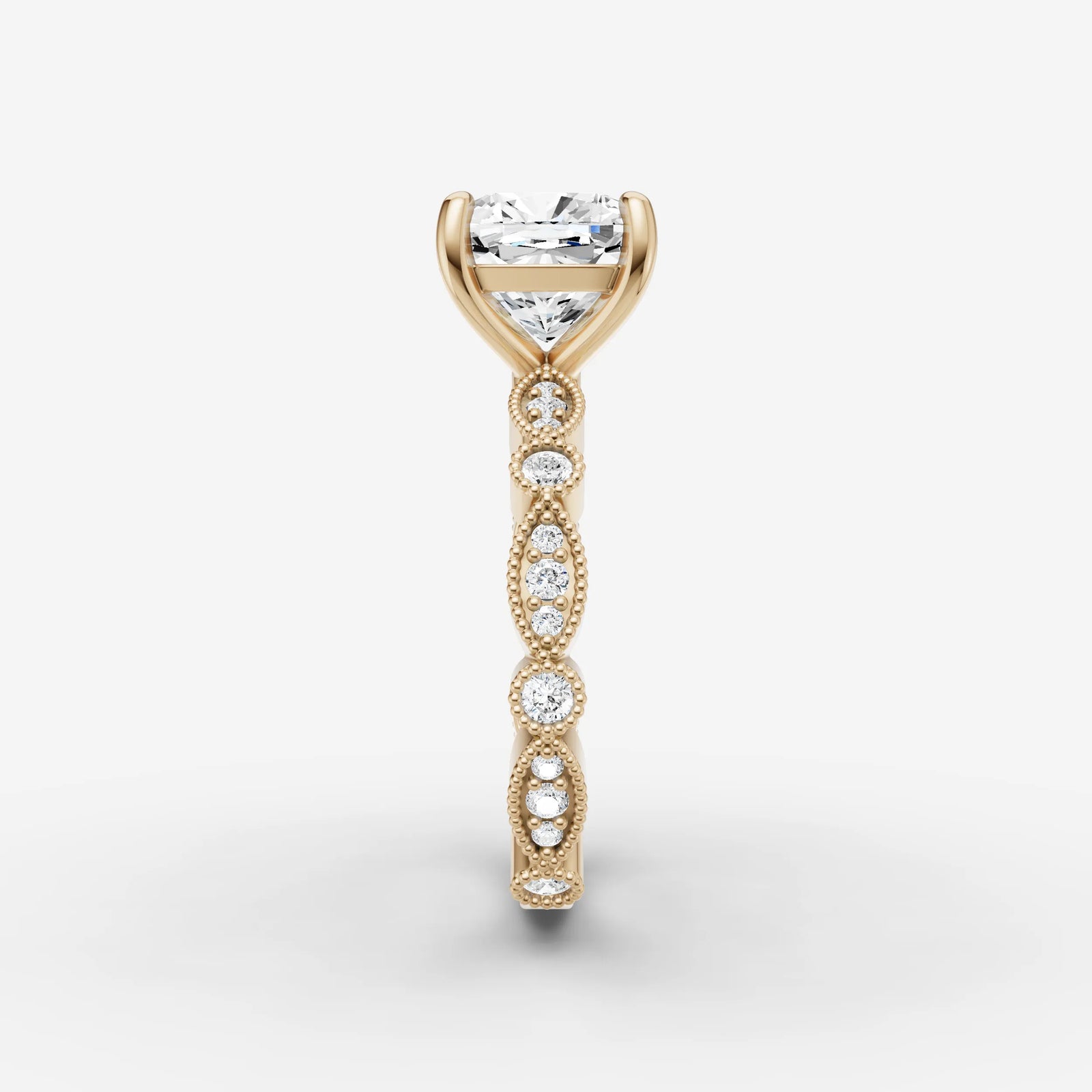 Heritage cushion diamond setting in gold, angled view