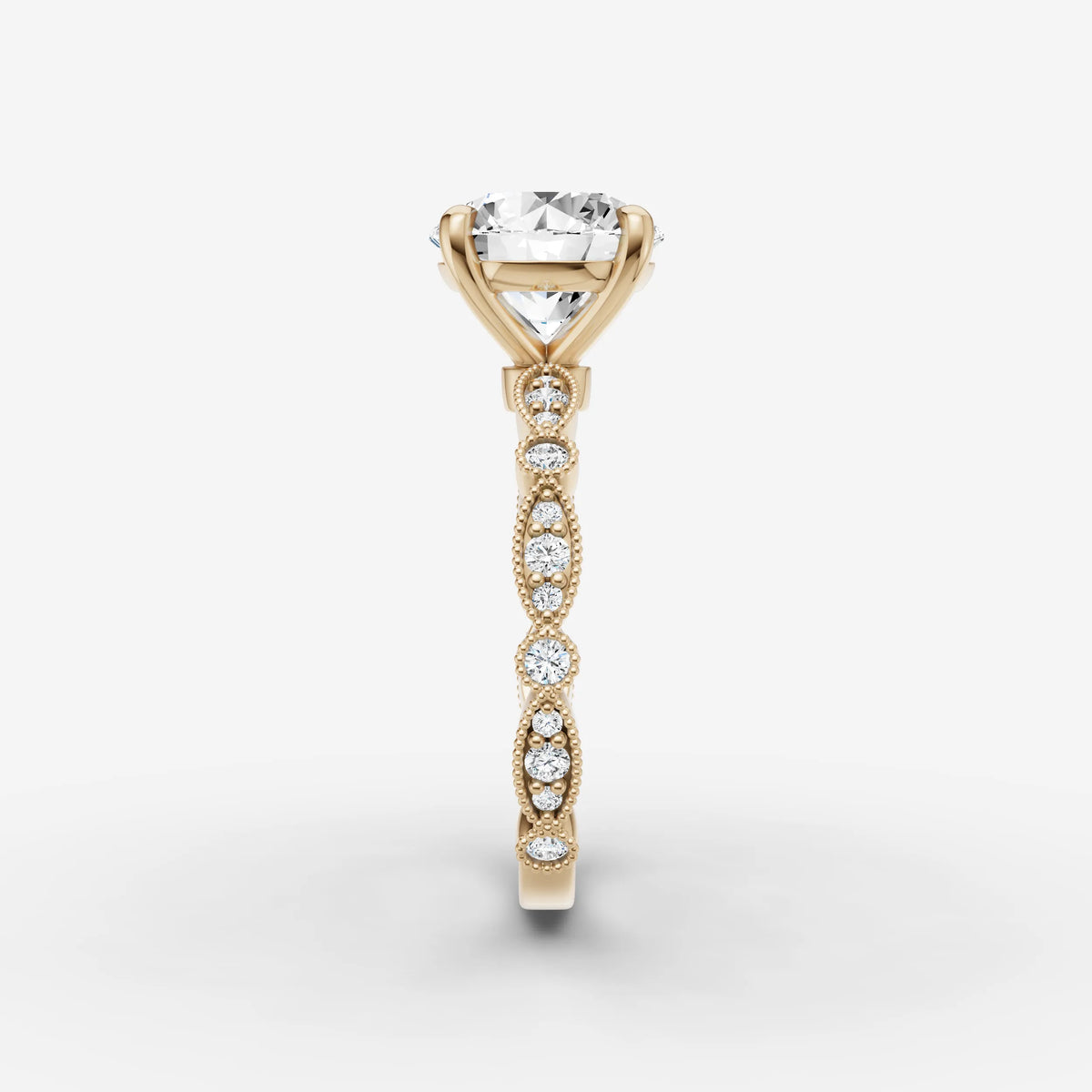 Heritage round diamond setting in gold, angled view