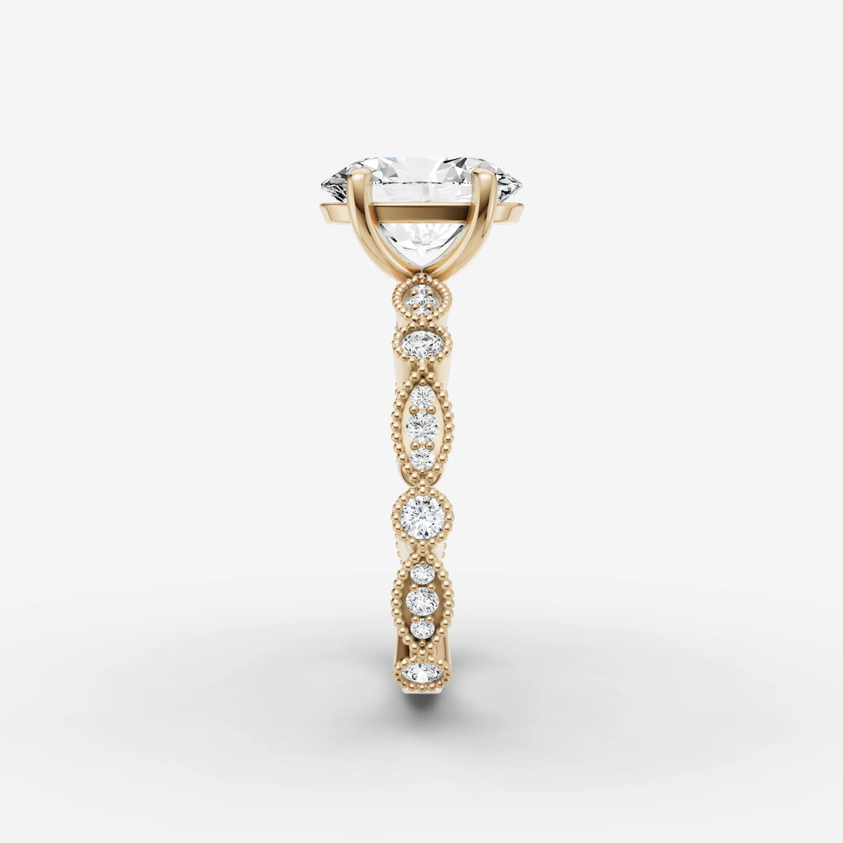 Heritage oval diamond setting in gold, angled view