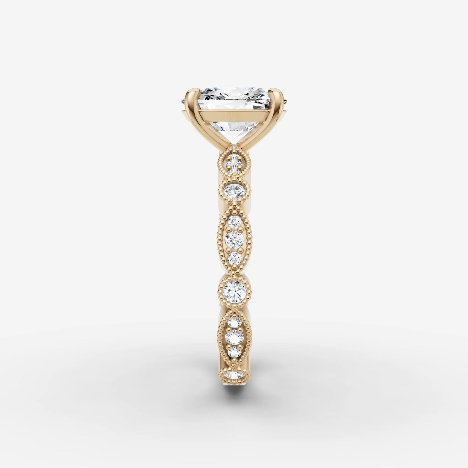 Heritage elongated cushion diamond setting in gold, angled view