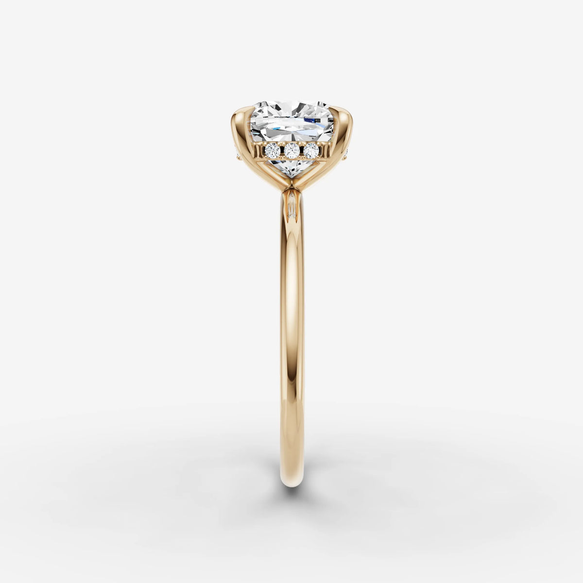 Mystere cushion diamond setting in gold, angled view