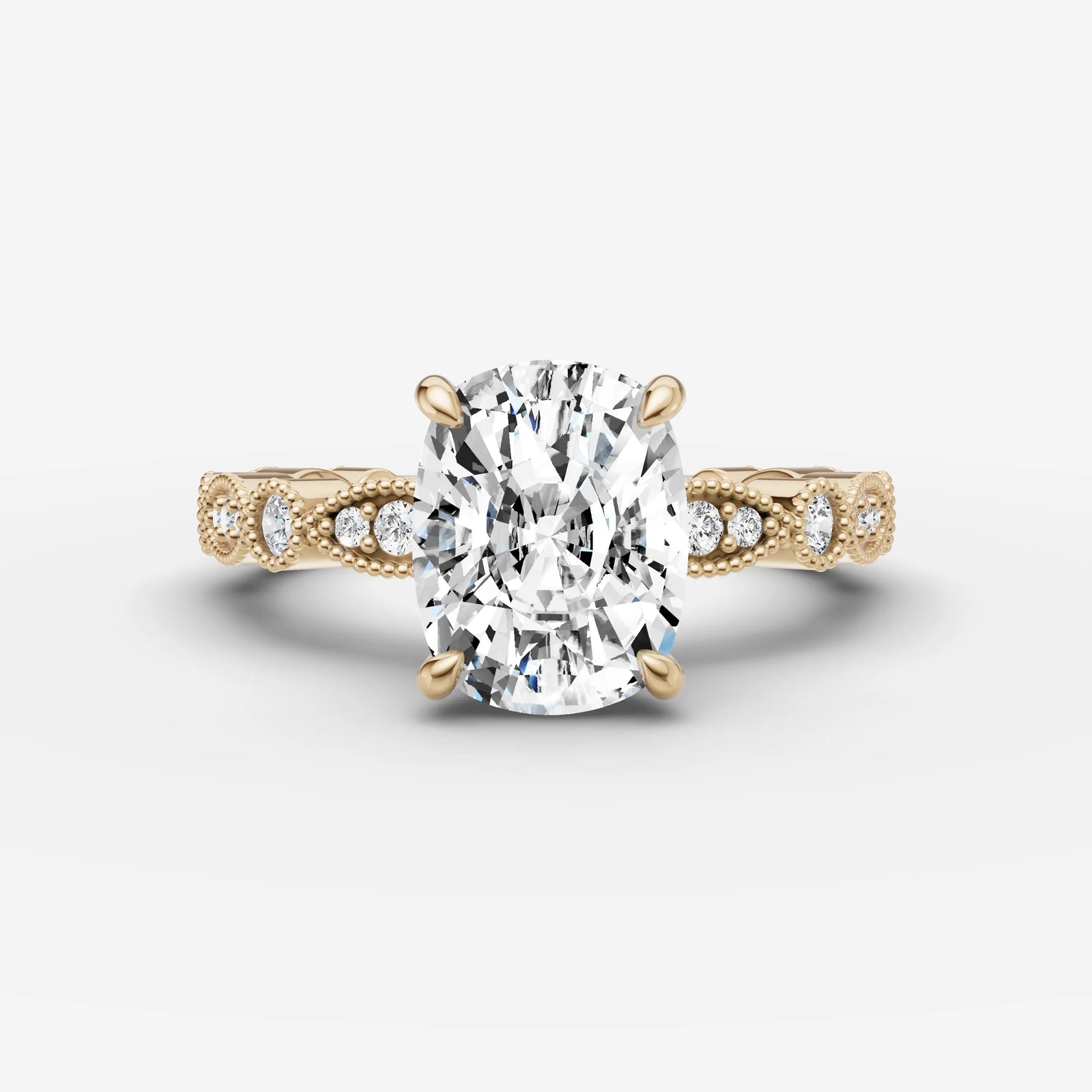 Heritage elongated cushion diamond setting in gold, front view