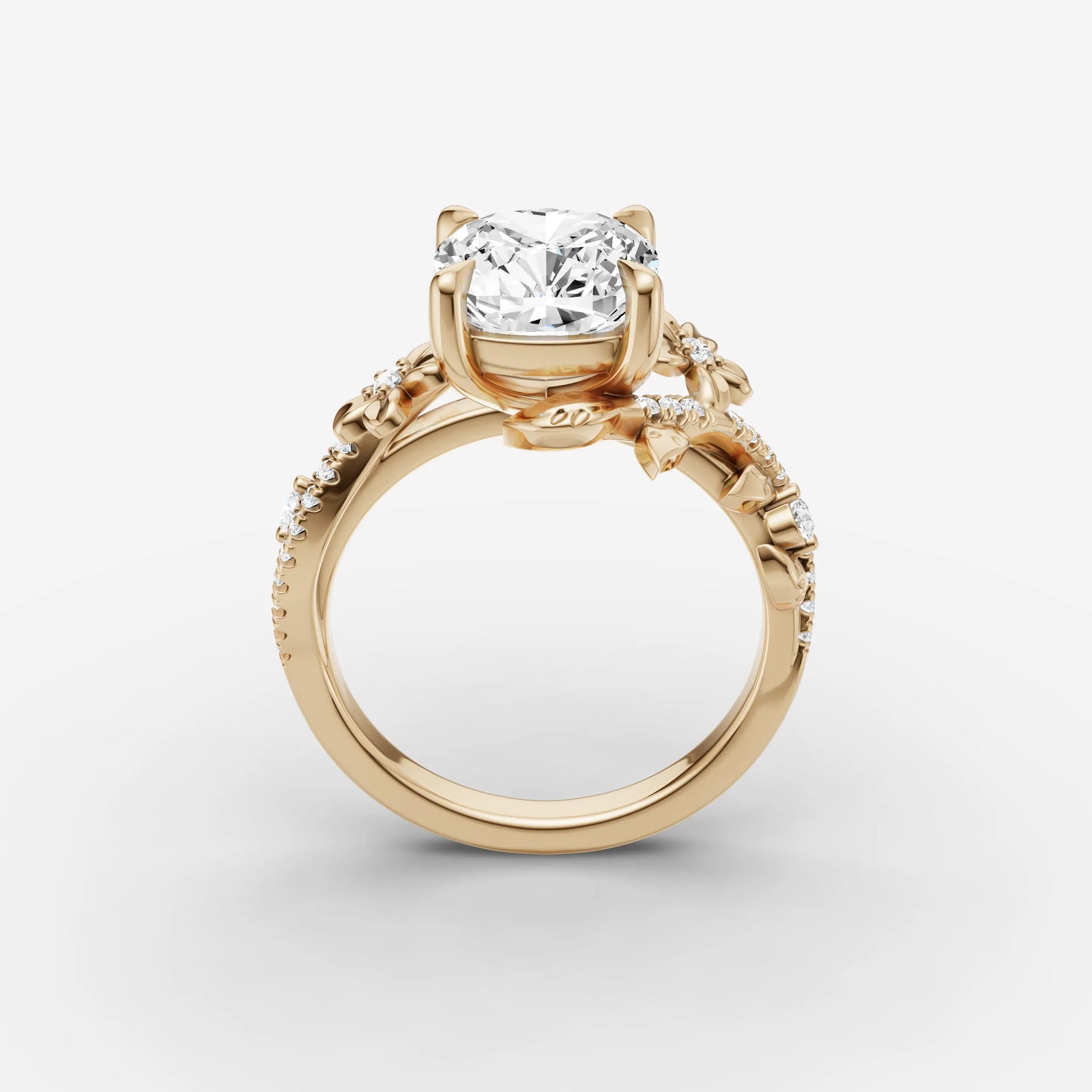 Fleur cushion diamond setting in gold, side view