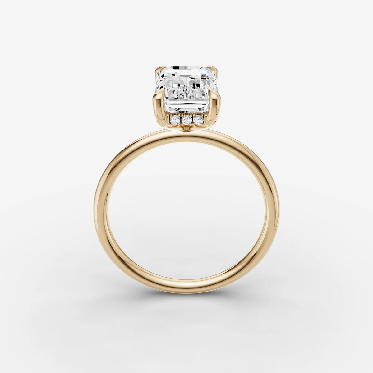 Mystere emerald diamond setting in gold, side view