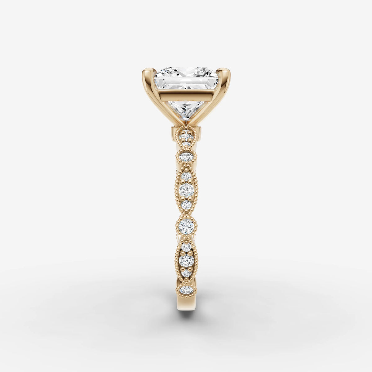 Heritage princess diamond setting in gold, angled view