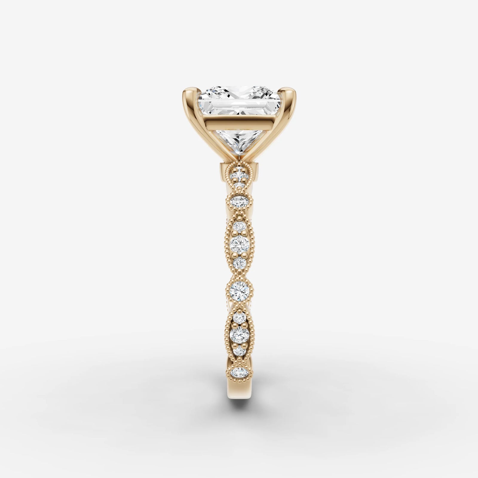Heritage princess diamond setting in gold, angled view