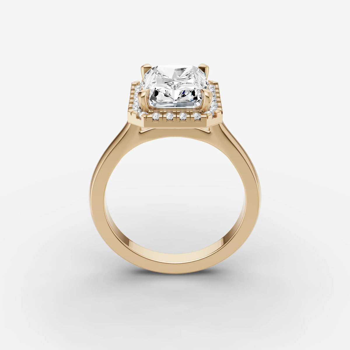 Aurore radiant diamond setting in gold, side view