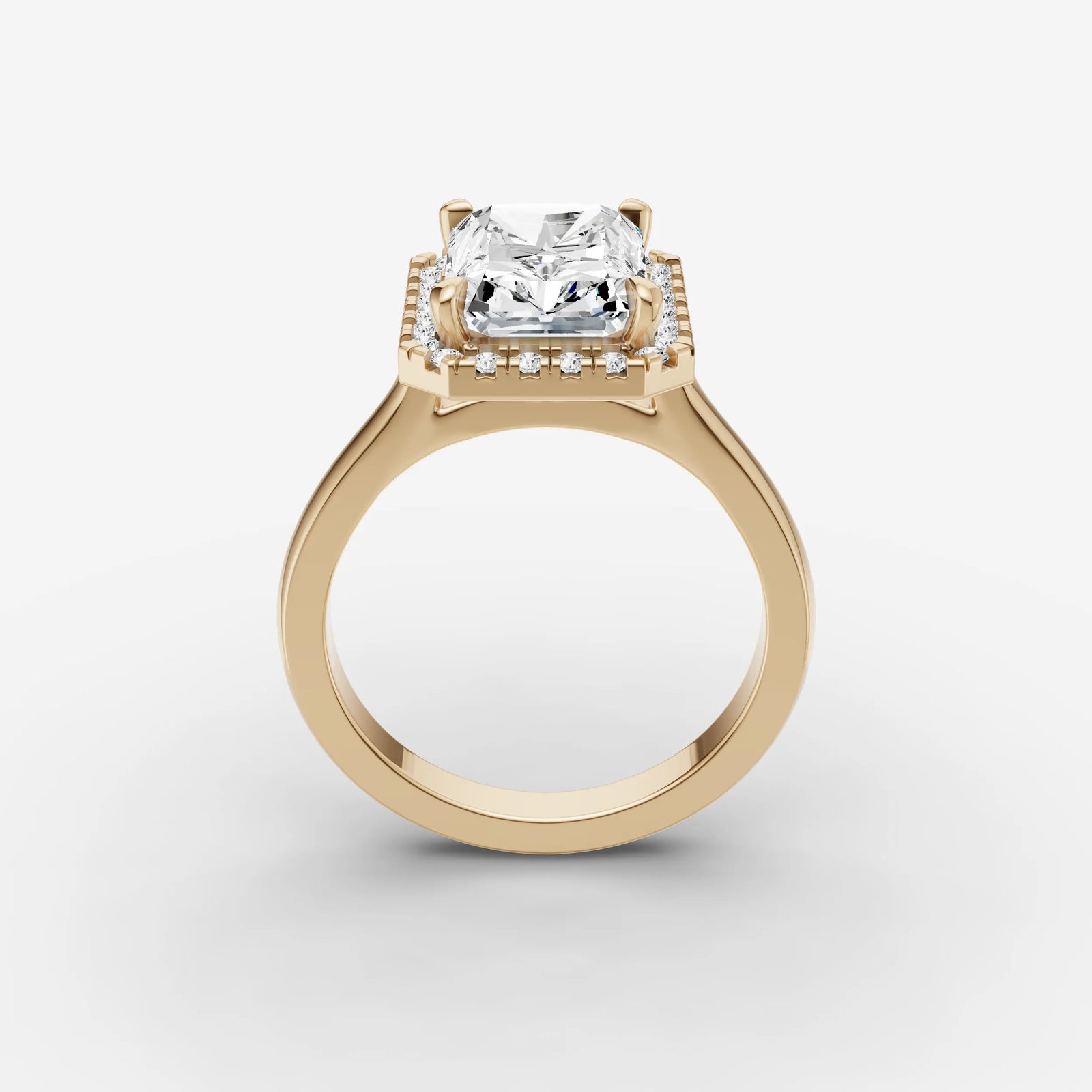 Aurore radiant diamond setting in gold, side view