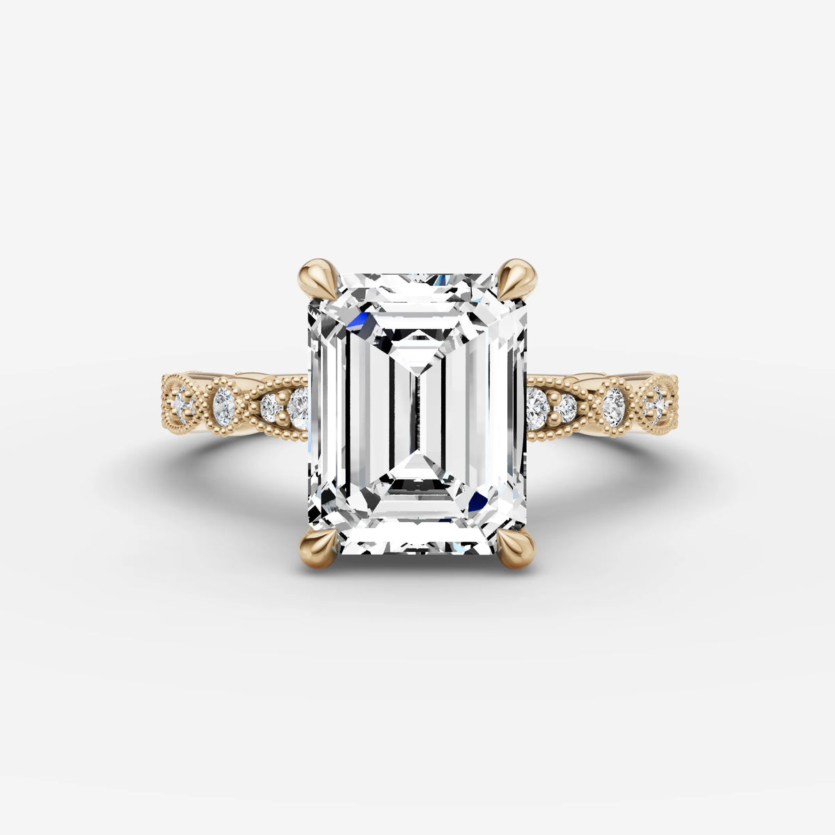 Heritage emerald diamond setting in gold, front view
