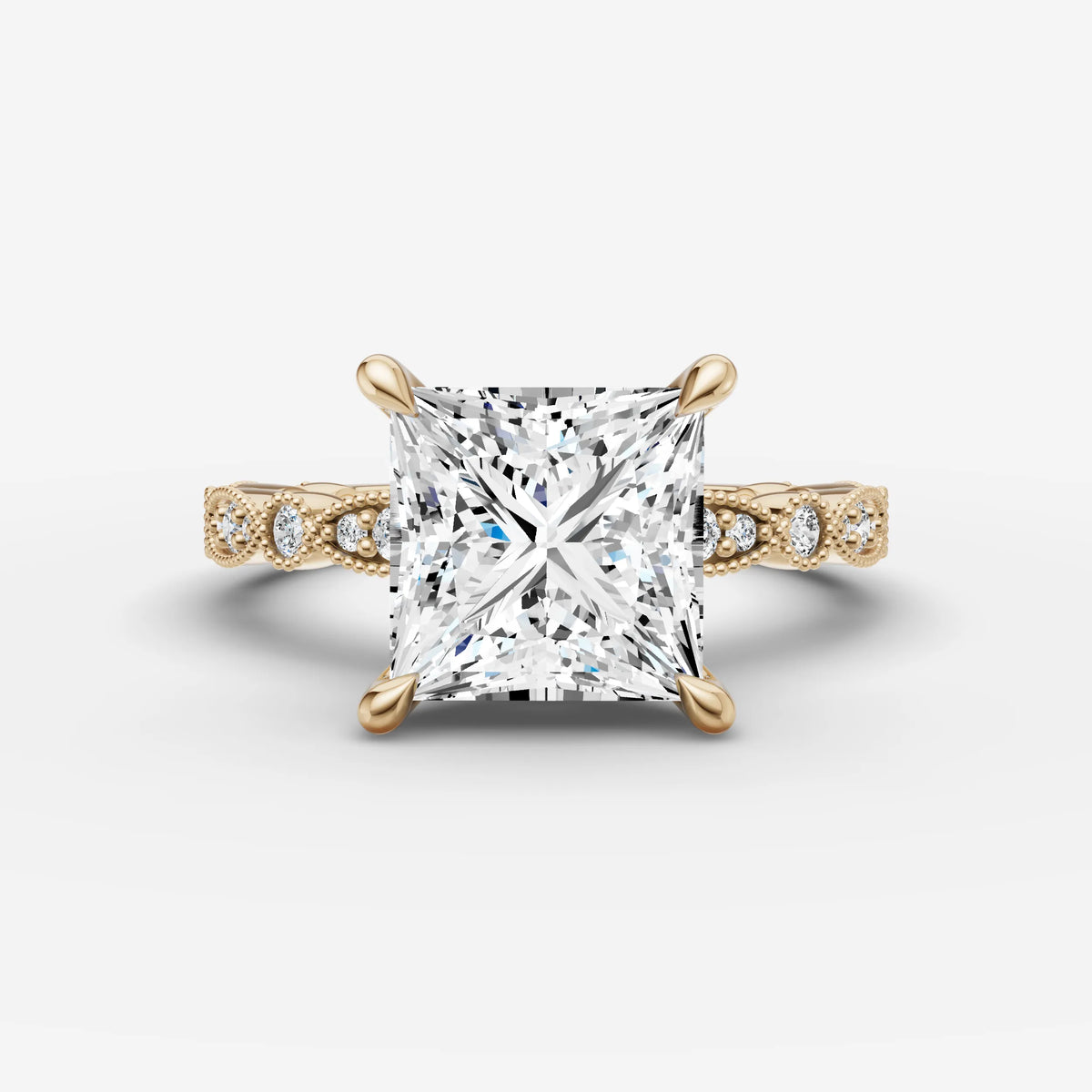 Heritage princess diamond setting in gold, front view