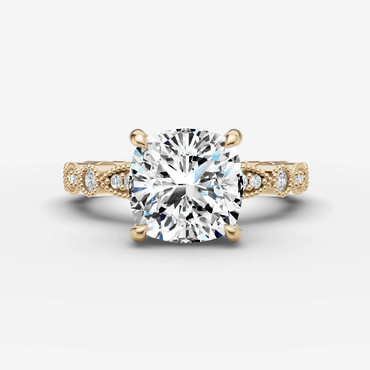 Heritage cushion diamond setting in gold, front view