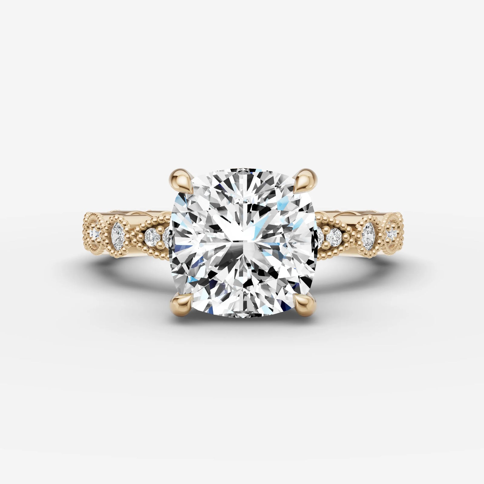 Heritage cushion diamond setting in gold, front view