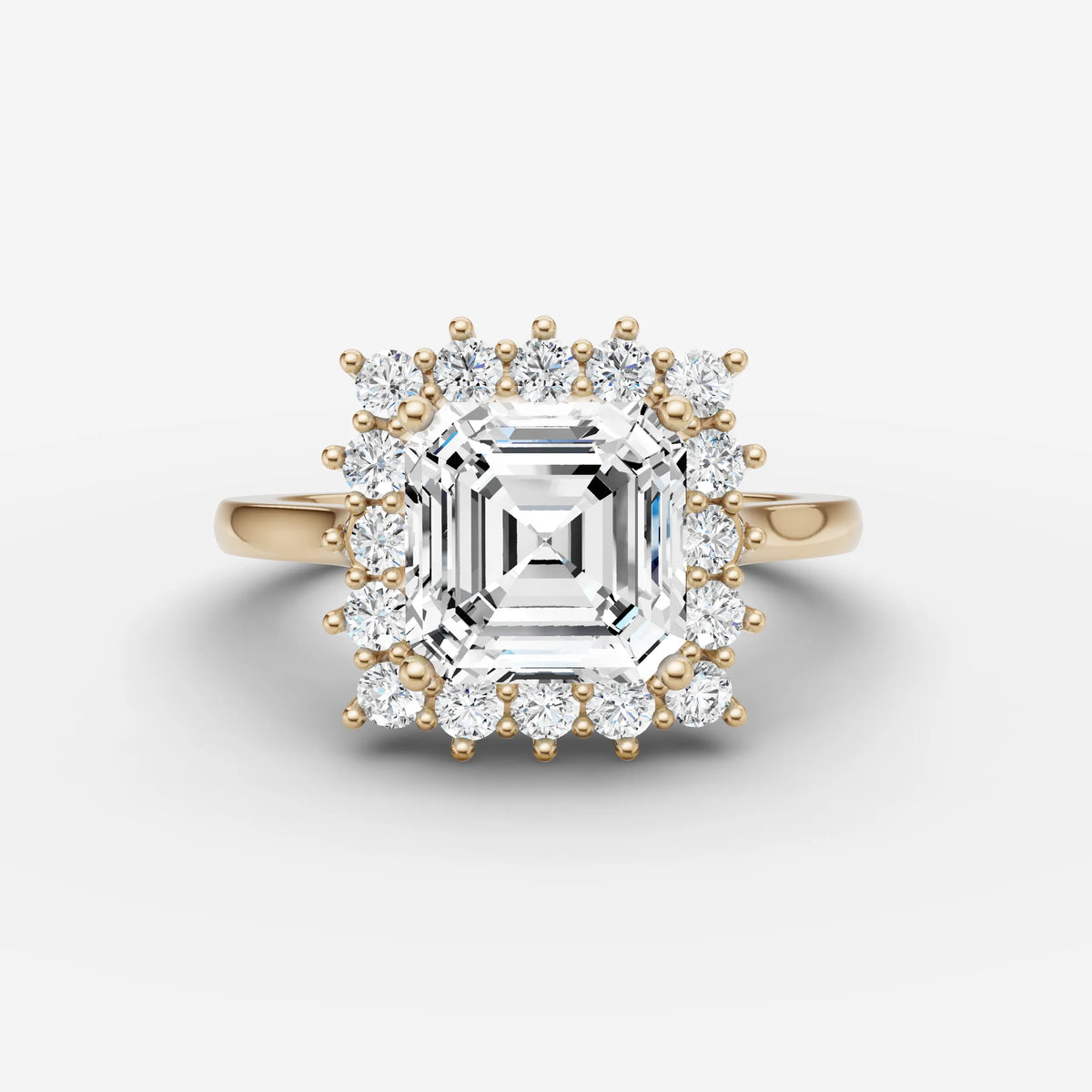 Aurore asscher diamond setting in gold, front view