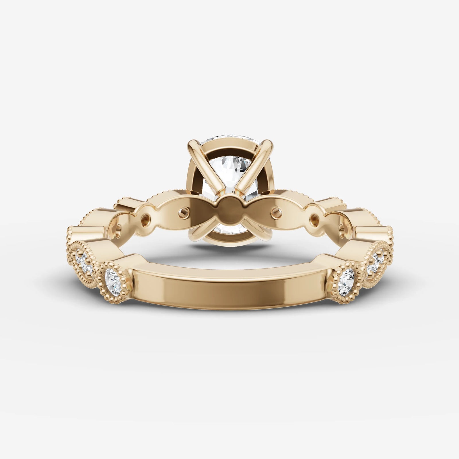 Heritage elongated cushion diamond setting in gold, top view
