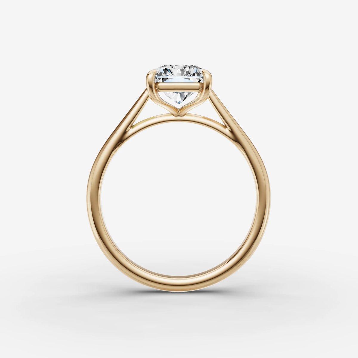 Cathedrale radiant diamond setting in gold, profile angle