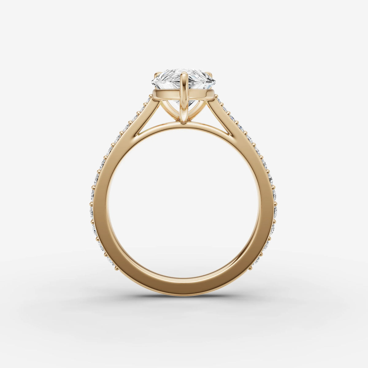 Cathedrale pear diamond setting in gold, profile angle