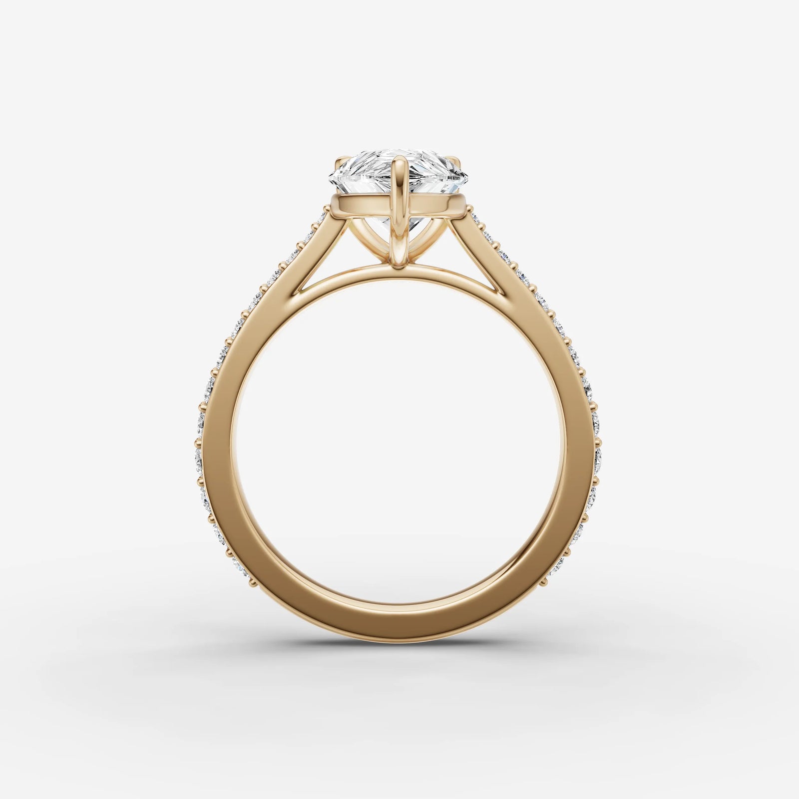 Cathedrale pear diamond setting in gold, profile angle