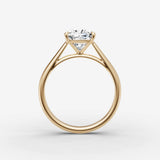 Cathedrale cushion diamond setting in gold, profile angle