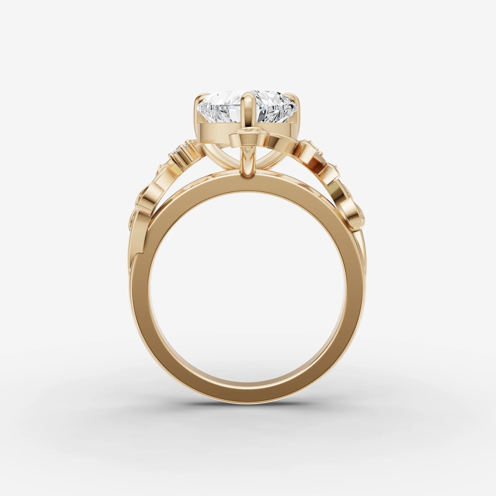 Fleur heart diamond setting in gold, profile angle